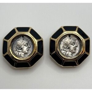Vintage Roman Coin Style Earrings Black Enamel Pierced